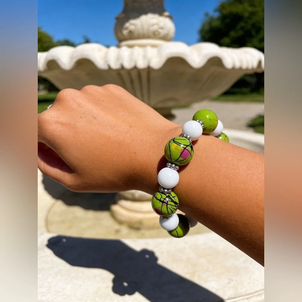Lime Splash Statement Beaded Bracelet – White Accent Chunky Stretch Jewelry